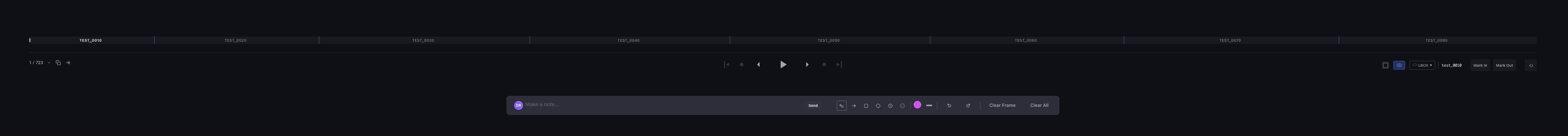 Centrik review timeline showing shot markers, transport controls, and a note input bar